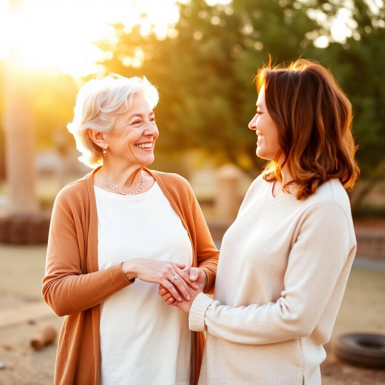 An older adult and her caregiver sharing a calm, connected moment outdoors in Arizona