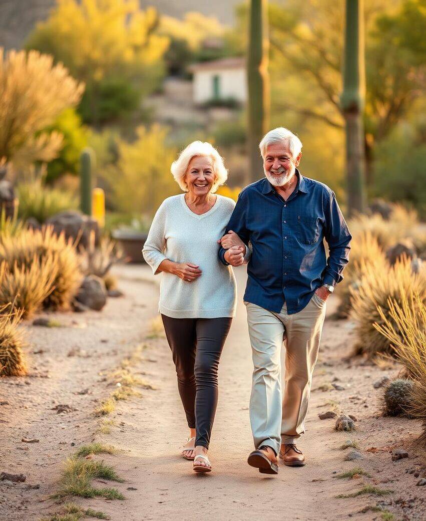 An elderly Arizona couple walking arm in arm